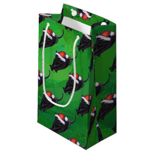 Petit Sac Cadeau Motif Festif de chat noir sur vert