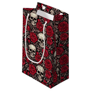 Petit Sac Cadeau Motif gothique crâne et roses rouges