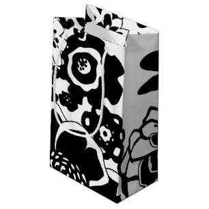 Petit Sac Cadeau Motif graphique de jardin floral noir et blanc