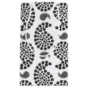 Petit Sac Cadeau Motif Paisley Empreinte de Patte Minuscule Noir et
