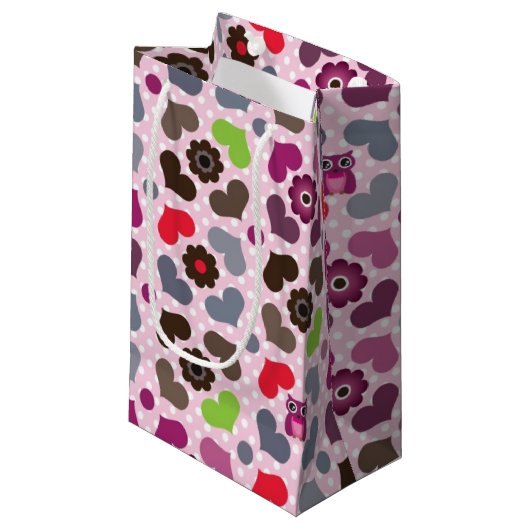 Petit Sac Cadeau motif rose de fleurs et de hiboux (Devant Angle)