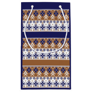 Petit Sac Cadeau Motif scandinave rayé brun bleu