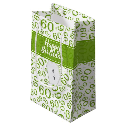 Petit Sac Cadeau Motif vert et blanc de joyeux soixantième (Devant Angle)
