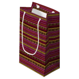 PETIT SAC CADEAU MOTIFS TRIBALES ROSE MAGENTA ROUGE OR