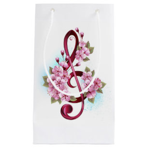 Petit Sac Cadeau Musical treble clef notes with sakura flowers