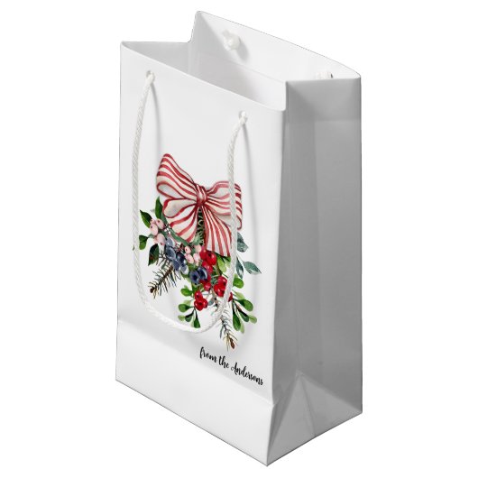 Petit Sac Cadeau Name || Evergreen Berries and Red White Stripe Bow (Devant Angle)