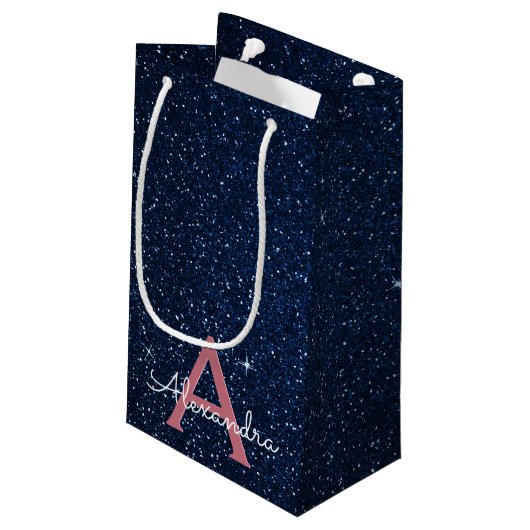 Petit Sac Cadeau Navy Blue & Rose Gold Sparkle Glitter Monogram (Dos Angle)