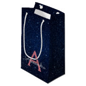 Petit Sac Cadeau Navy Blue & Rose Gold Sparkle Glitter Monogram (Devant Angle)