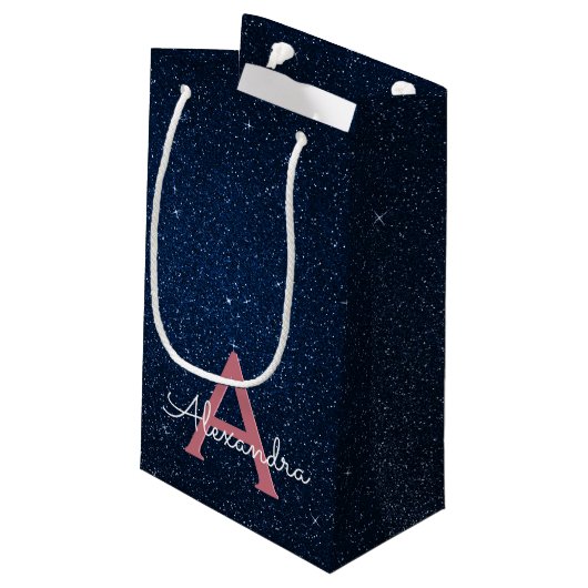 Petit Sac Cadeau Navy Blue & Rose Gold Sparkle Glitter Monogram (Dos Angle)