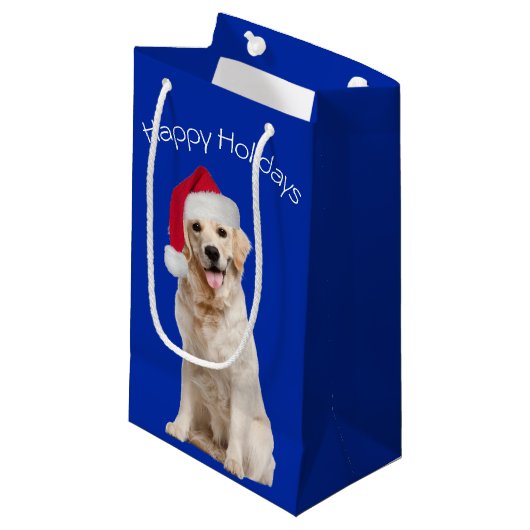Petit Sac Cadeau Noel Golden Retriever en bleu (Devant Angle)