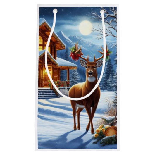 Petit Sac Cadeau Noël/Hiver Deer Lodge (Devant)