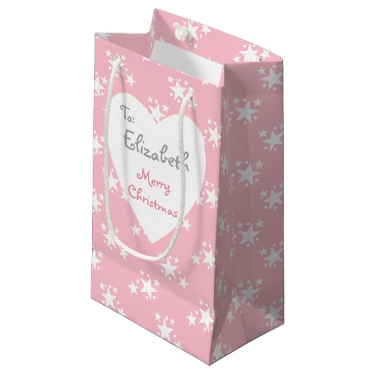 Petit Sac Cadeau Noël rose avec étoiles blanches (Devant Angle)
