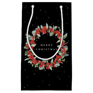Petit Sac Cadeau Noir Baie Rouge+Eucalyptus Noël/Fêtes