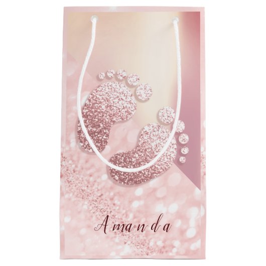 Petit Sac Cadeau Nom Bébé Pieds Rose or Baby shower rose Blush (Devant)