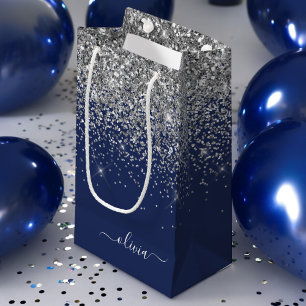 Petit Sac Cadeau Nom de jeune fille pailleté bleu marine argenté