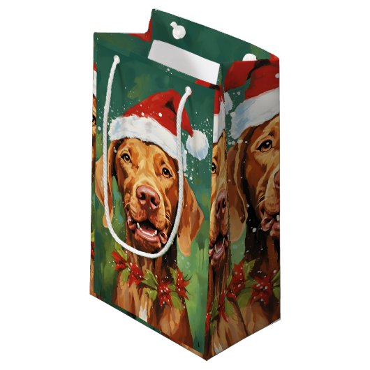 Petit Sac Cadeau OEuvre de peinture de Noël Vizsla (Devant Angle)