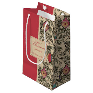 Petit Sac Cadeau Ornements de Noël Vintage rouge et or, pin, baies