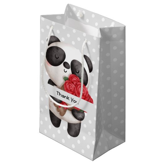 Petit Sac Cadeau Ours Panda mignonne avec Merci Bouquet Rose (Devant Angle)