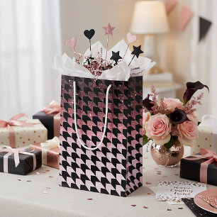 Petit Sac Cadeau Paillettes or rose et motif pied-de-poule noir