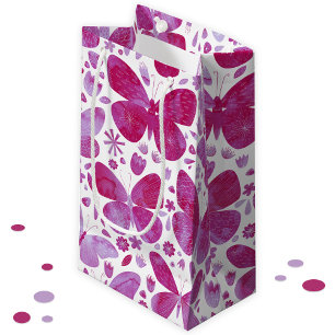 Petit Sac Cadeau Papillons Aquarelle Magenta Rose
