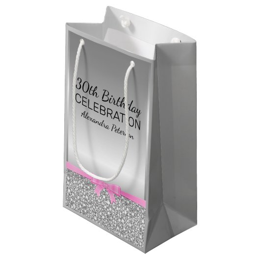 Petit Sac Cadeau Parties scintillant blanche et grise Anniversaire (Devant Angle)