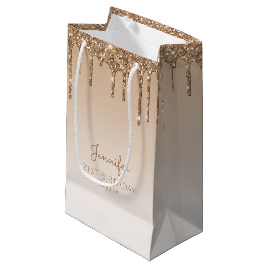 Petit Sac Cadeau Parties scintillant Drip 21st Birthday Gold (Devant Angle)