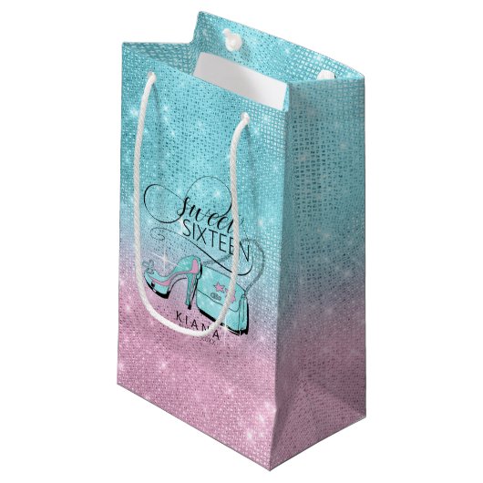Petit Sac Cadeau Parties scintillant et brillant doux 16 V2 Turquoi (Devant Angle)