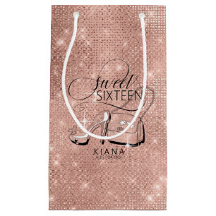 Petit Sac Cadeau Parties scintillant et brillant Sweet 16 V2 Rose G