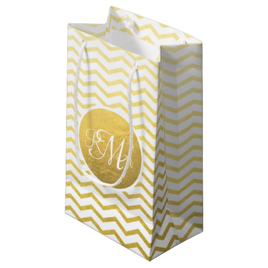 Petit Sac Cadeau Personnalisé Gold et White Chevron (Devant Angle)