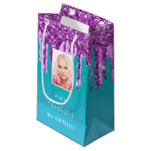 Petit Sac Cadeau Photo d'anniversaire turquoise parties scintillant (Devant Angle)