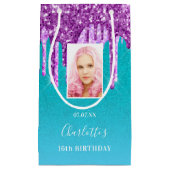 Petit Sac Cadeau Photo d'anniversaire turquoise parties scintillant (Devant)