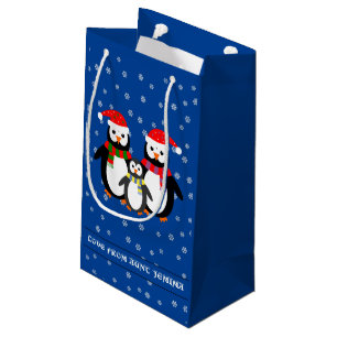 Petit Sac Cadeau Pingouins de texte personnalisés de Noël bleu