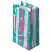 Petit Sac Cadeau Pink and Mint Vertical Striped Snowflake (Devant Angle)
