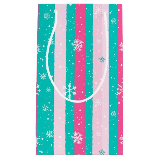 Petit Sac Cadeau Pink and Mint Vertical Striped Snowflake (Devant)