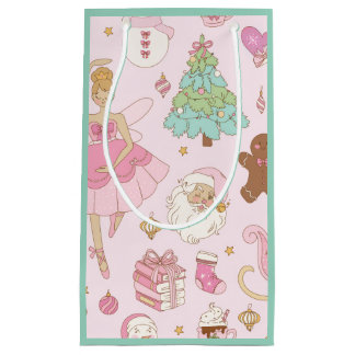 Petit Sac Cadeau Pink Pastel Christmas Ballerina and Santa 