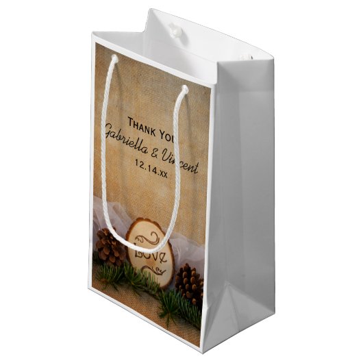 Petit Sac Cadeau Pins rustiques Merci Mariage de bois (Devant Angle)