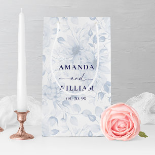 Petit Sac Cadeau Pivoines bleues et blanches et fleurs aquarelles