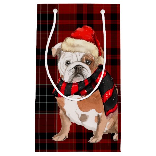 Petit Sac Cadeau Plaid et un chien de Noël de Bulldog anglais (Devant)
