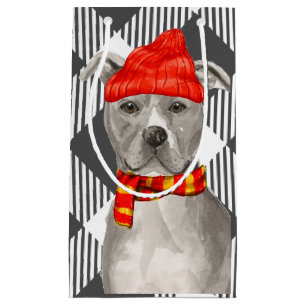 Petit Sac Cadeau Plaid gris avec Staffordshire Pitbull Noël