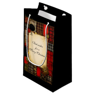 Petit Sac Cadeau Plaid Red Black Gold Salutation de Noël