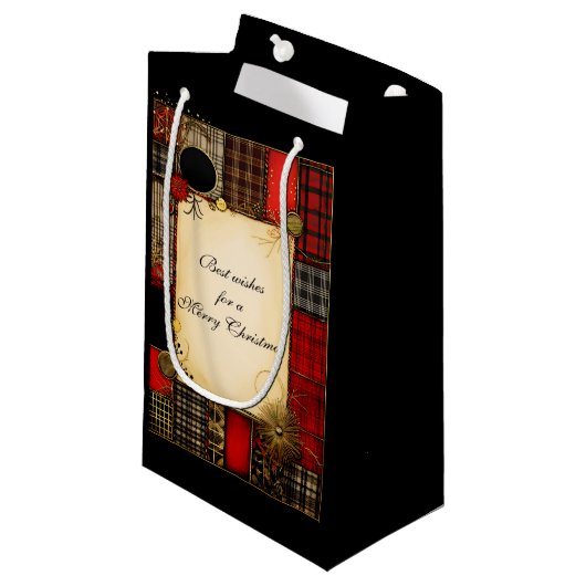 Petit Sac Cadeau Plaid Red Black Gold Salutation de Noël (Devant Angle)