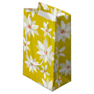 Petit Sac Cadeau Poinsettias blancs Accents rouges Jaune doré brill