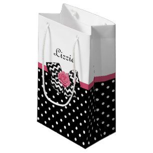 Petit Sac Cadeau Points noirs mignons Rose rose Chevron Bow et nom