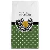 Petit Sac Cadeau Points verts mignons Rose jaune Chevron Bow et nom (Devant)