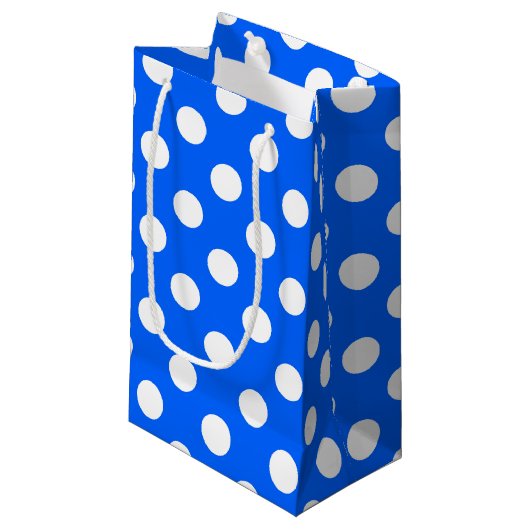 Petit Sac Cadeau Pois blancs sur bleu royal (Devant Angle)