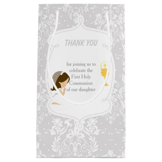 Petit Sac Cadeau Première Communion Brunette Merci de fille cheveux (Devant)