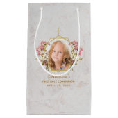 Petit Sac Cadeau Première Communion fille photo marbre or rose orch (Devant)