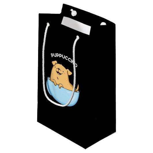 Petit Sac Cadeau Pup-puccino Funny Cappuccino Pun Dark BG (Devant Angle)