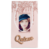 Petit Sac Cadeau Quinceanera rose or blush parties scintillant phot (Devant)