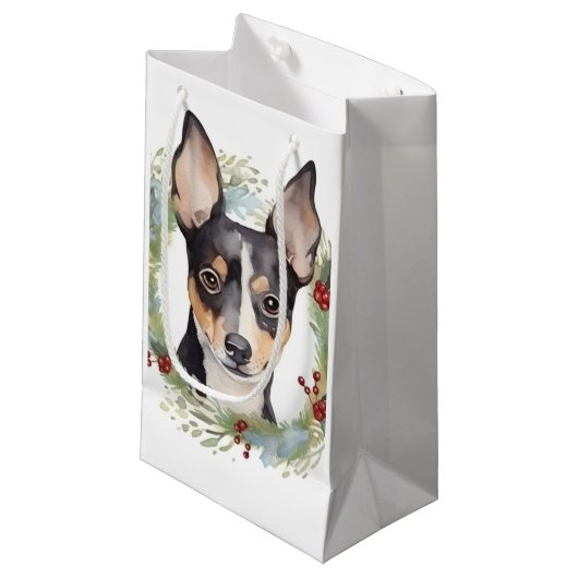 Petit Sac Cadeau Rat Terrier Fête de Noël Wreath Pup (Devant Angle)